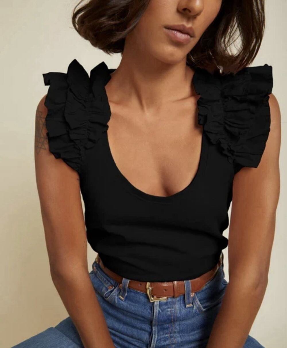 Nation LTD Los Angeles Valentina Ruffled Tank Black Women's Size Large